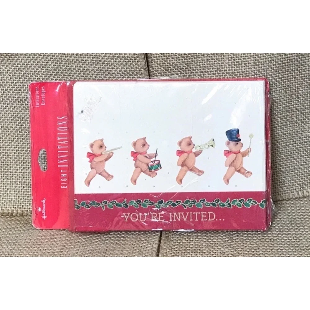 Vintage Hallmark Christmas Party Invitations Teddy Bear Marching Band Twee Cute
